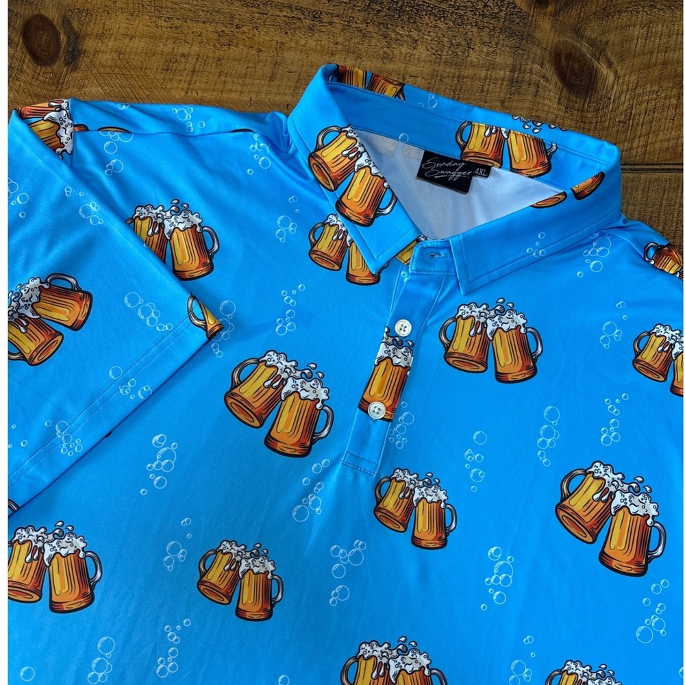 Sunday Swagger Mens Blue Beer Graphic Novelty Short Sleeve Golf Polo Shirt 4XL
